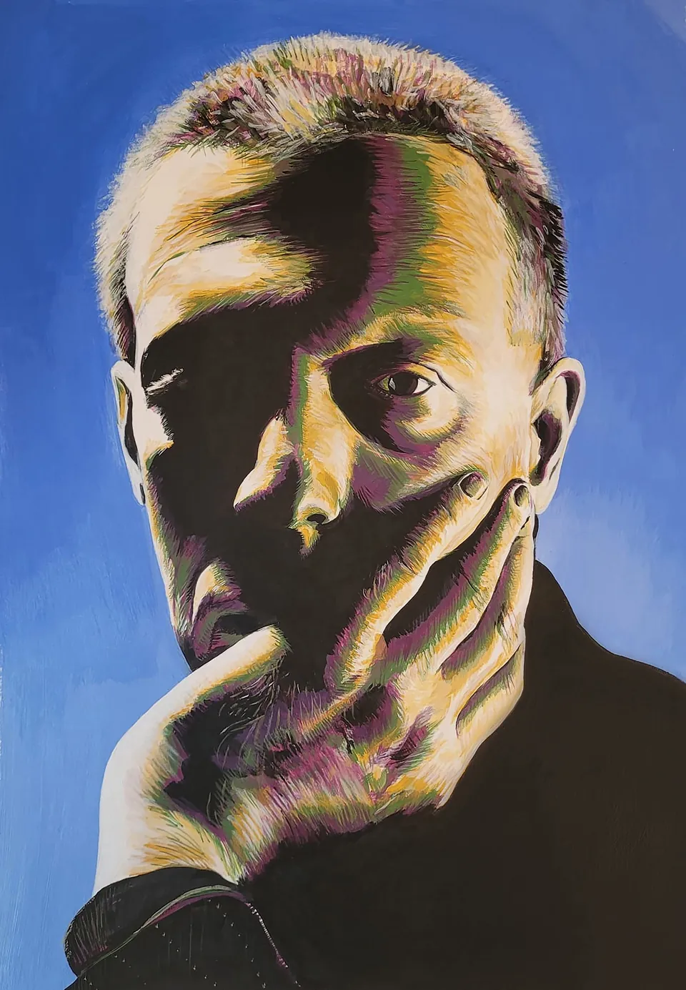 Acrylic portrait of artist David Wojnarowicz resting his chin on his hand, face in yellow and violet hatching against a blue background