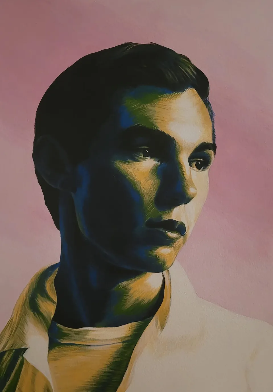 Acrylic portrait of performer Ethyl Eichelberger, a young man in an open-collar shirt painted in blue, green and gold against a pink background
