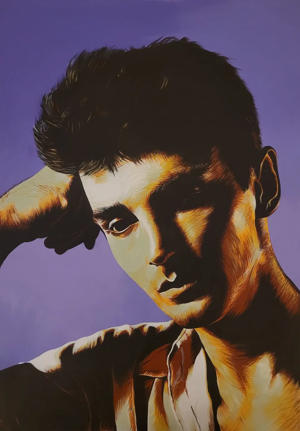 Acrylic portrait of performer John Kelly leaning his head on his arm, painted in warm amber tones against a purple background