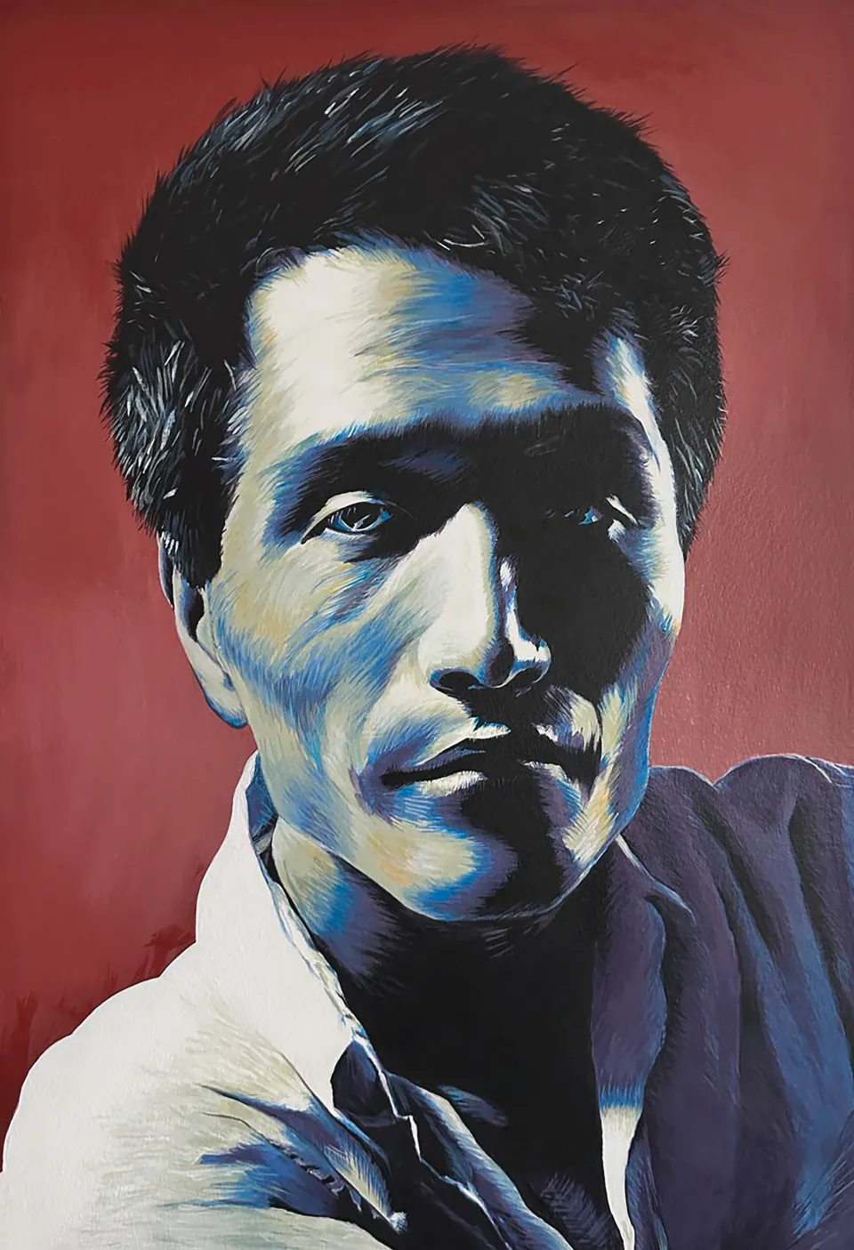 Acrylic portrait of Kaz in a white shirt, face in cool blue and white hatching against a deep red background