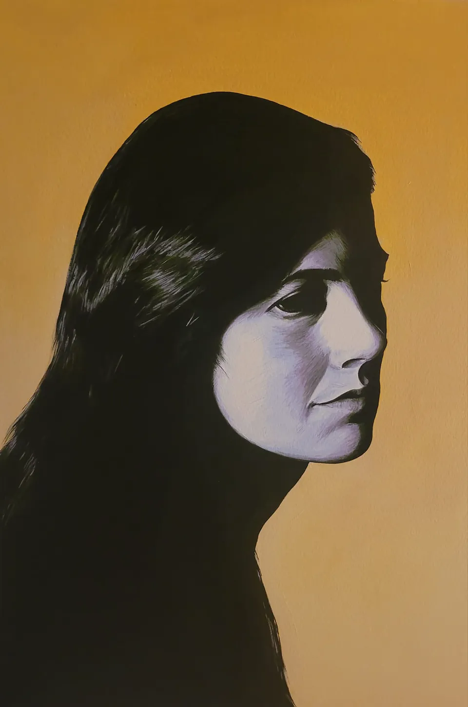 Acrylic portrait of writer Susan Sontag in profile with long dark hair, face in pale lavender against an ochre background